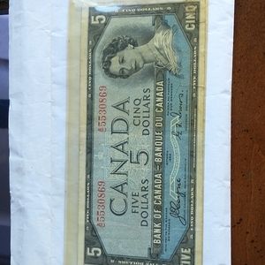 1954 "devils face" Canadian $5 bill